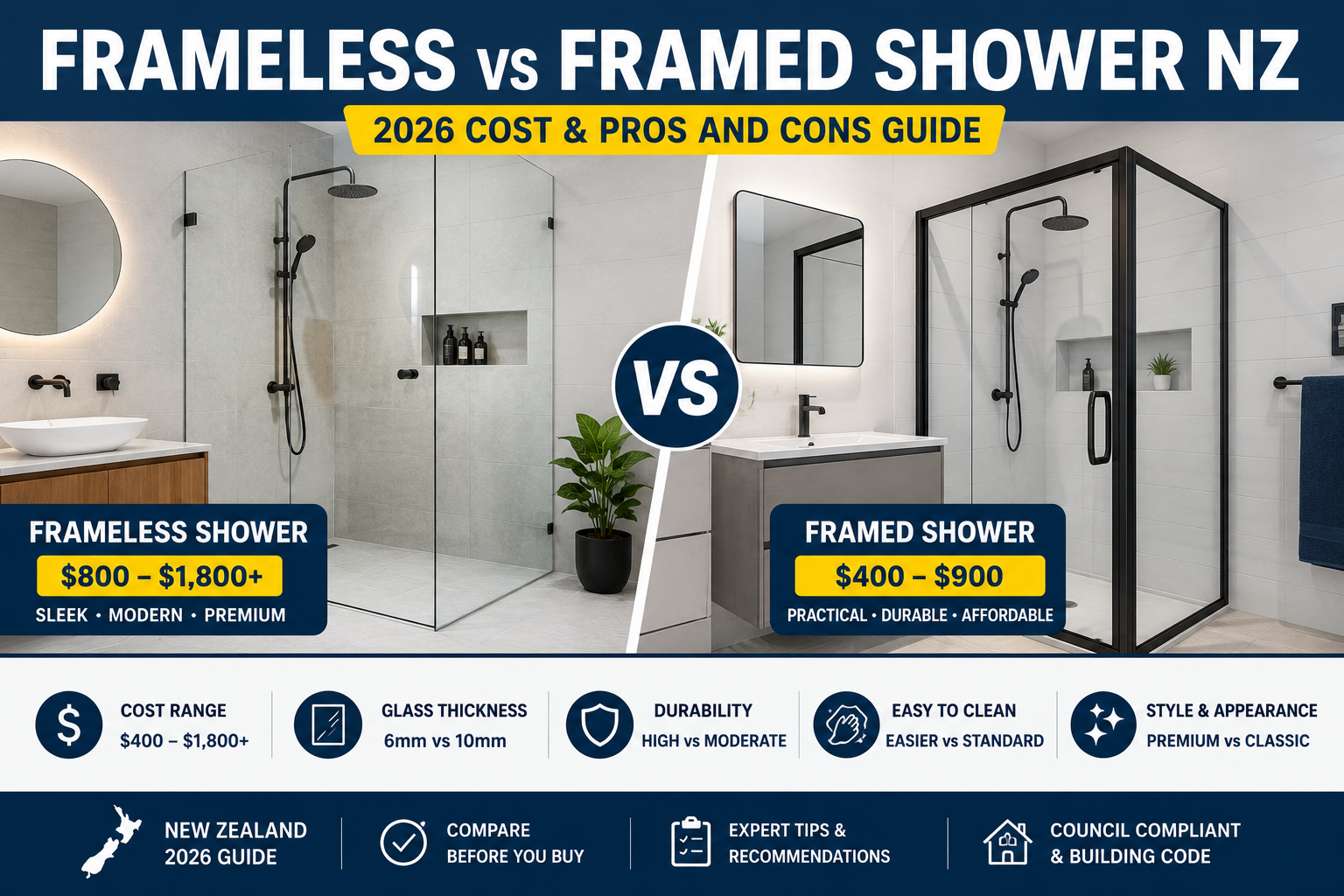 Frameless vs Framed Shower NZ (2026 Cost, Style & Pros and Cons Guide)